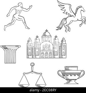 Griechenland Kultur und Geschichte Ikonen mit griechischen Läufer, Hauptstadt auf einer Säule, pegasus und Amphore, Schuppen und Tempel Stock Vektor