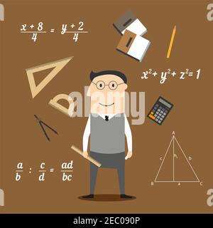 Mathematiker Beruf Konzept-Design mit Lehrer in Gläsern umkreist von Formeln und Rechner, Lineale und Kompasse, Bleistift und Lehrbücher, zeichnen Stock Vektor