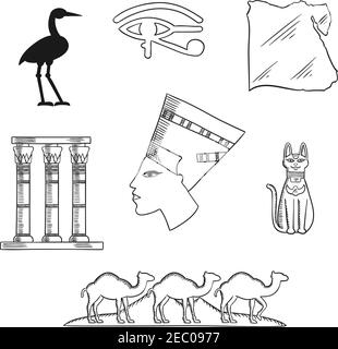 Antike Ägypten Skizzen Ikonen mit Königin Nofretete, Katze Göttin und heiligen Reiher Bennu, Auge des horus Symbol und Tempel Säulen, Karte, Karawane von Kamelen und Stock Vektor