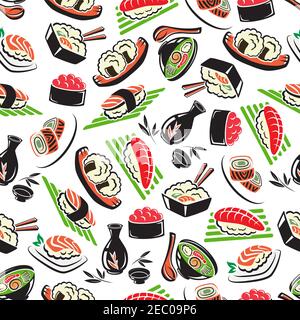 Japanische Meeresfrüchte-Küche mit nahtlosem Muster mit Sushi, Reis und Lachs, Garnelen und Sashimi, Thunfisch und Brötchen Stock Vektor