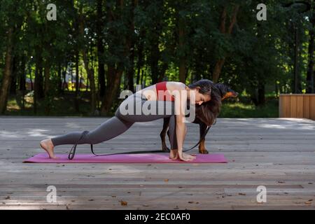 Junge schöne Frau tut Yoga-Posen im Park mit doberman Hund. Stockfoto