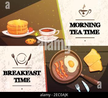 Frühstückszeit und Morgentee zwei flache horizontale Banner mit Kappe von Tee Kuchen Toast und Pfanne mit Spiegeleiern vektorgrafik Stock Vektor