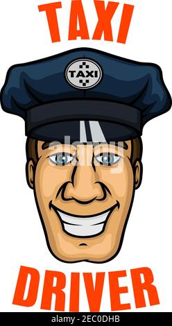 Fröhlicher lächelnder Taxifahrer mit Cartoon junger Mann in blauer achteckiger Spitzenkappe und kariertem Taxi-Schild auf Cap-Abzeichen. Transport-Service oder profe Stock Vektor