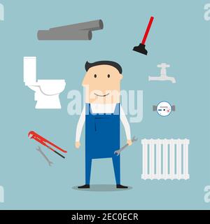 Klempner Service Beruf Symbole mit Heizkörper, Wasserhahn und Wasserzähler, Toilette und einstellbaren Schraubenschlüssel, Rohrsystem mit Leck, Schraubenschlüssel, Kolben Stock Vektor