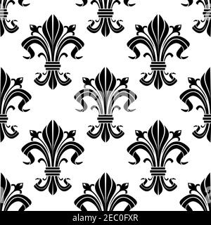 Mittelalterliches französisches florales Nahtloses Muster mit schwarzen Fleur-de-Lis Elementen Weißer Hintergrund Stock Vektor