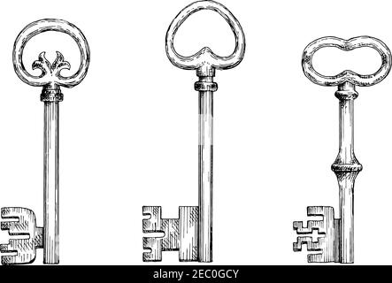 Altmodisch geschmiedete Türschlüssel Skizzen mit herzförmigen Schleifen. Dekorative Skelett-Schlüssel im Gravurstil für Vintage-Verzierungen oder mittelalterliche Desi Stock Vektor