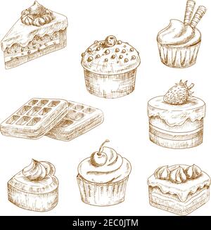 Cupcakes und Muffins, Schokoladenkuchen und fruchtiges Dessert, herzförmiger Kuchen und belgische Waffeln, garniert mit Schlagsahne, Puddingcreme, Streuseln, w Stock Vektor
