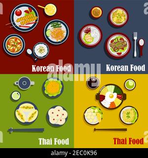 Thailändische und würzige gerichte der koreanischen Küche mit Karottensalat, Garnelen mit gebratenem Reis, Garnelensuppe und Gemüsepasteten, gegrilltes Rindfleisch auf Sticks, Kokosnusspfütze Stock Vektor