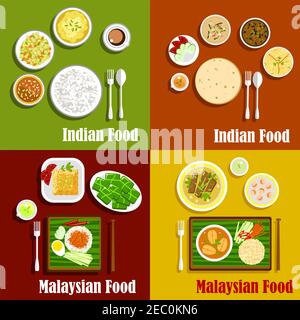 Malaysische und indische Gerichte der nationalen Küche. Nasi Lemak Reis und Curry, serviert mit Chapati Brot und Garnelen, Fisch und Rindfleisch Rendang, Tomate Chutney Stock Vektor