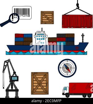 Versand- und Lieferindustrie Ikonen mit Containerschiff und Frachtkran, Holz- und Stahlbehälter, Barcode mit Lupe, Kompass und Lieferung tr Stock Vektor