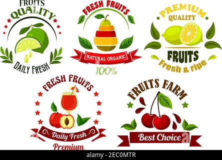 Greengrocery Marktdesign mit saftiger Limette und Zitrone, Kirschen, Pfirsich mit Glas natürlichen Saft und Birne, aus verschiedenen Fruchtscheiben zusammengesetzt, gerahmt Stock Vektor