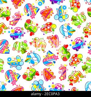 Kindliche Zahlen Hintergrund für Geburtstagsparty oder kindliche Zimmer Innenarchitektur mit bunten Ziffern, geschmückt von Spielzeug und Früchten, Herzen und Luftballo Stock Vektor