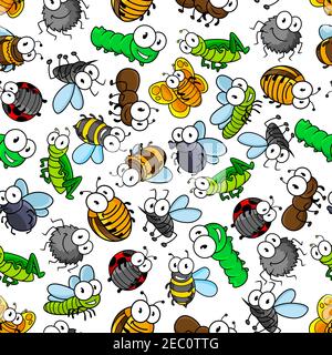 Cartoon Insekten nahtlose Muster von Bienen und Schmetterlingen, Raupen und Fliegen, Spinnen und Marienkäfer, Mücken und Wanzen, Libellen, Ameisen und Gra Stock Vektor