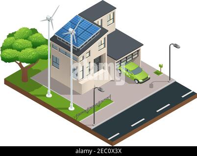 Modernes grünes Öko-Haus mit Garage Rasen Sonnenkollektoren produzieren Strom auf dem Dach und zwei Windturbinen isometrische Vektor-Illustration Stock Vektor