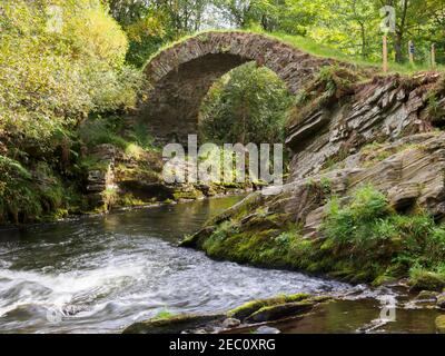 Glenlivet Packhorse Bridge, Cairngorms National Park, Schottland. Eine Brücke aus dem 16th. Jahrhundert über den Fluss Livet. Stockfoto