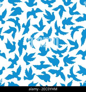 Nahtloses Muster mit blauen Silhouetten fliegender Taubenvögel auf weißem Hintergrund. Frieden, Religion Thema oder Tapete Design Stock Vektor