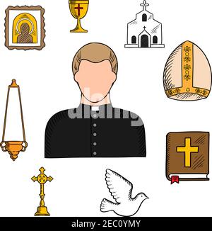 Priester in schwarzer Robe und weißem Kragen mit religiösen Symbolen wie Kirche oder Tempelbau, Bibel und goldenem Kreuz, Schale und Kerzenleuchter auf Cha Stock Vektor