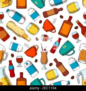 Getränke nahtloses Muster von Kaffee und Teetassen, Flaschen und gefüllte Gläser Bier und Soda, Wein und Whisky, Milch und Sahne Päckchen, frische Limona Stock Vektor