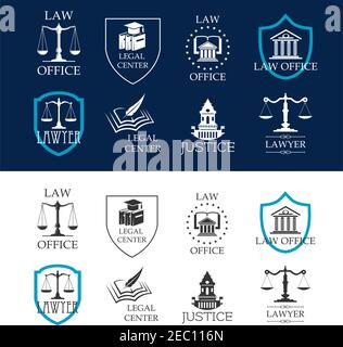 Symbole von Rechtsanwälten und Justiz, Anwaltsbüros und Rechtszentren mit Gerichtsgebäuden, Justizwaagen und Rechtsbüchern, eingerahmt von Wappensymbolen und Sternen Stock Vektor