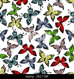 Buntes Muster mit nahtlosem Hintergrund von leuchtend fliegenden roten und grünen, gelben und blauen Schmetterlingen Stock Vektor