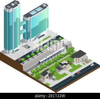 Isometrische Wolkenkratzer und Vorstadthäuser in der Nähe von Eisenbahntunnelkompositionsvektor Abbildung Stock Vektor