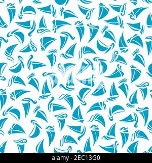 Segelboote zwischen Wellen nahtlose Muster für Segelsport oder yachting Themen Design mit blauen Silhouetten von Yachten zufällig verstreut Überweiß b Stock Vektor