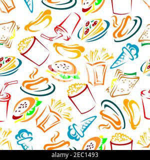 Essen und Getränke zum Mitnehmen nahtloses Muster aus skizzierten Burger und Cheeseburger, Sandwich und Hot Dog, Pizzascheiben und pommes Frites, Popcorn, Sodabecher Stock Vektor