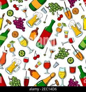 Getränke, Alkohol und Obst nahtlos Muster mit Wein-und Bierflaschen, Cocktails und Champagner, Whiskey, Limonade und Milch-Shakes zwischen Trauben Stock Vektor