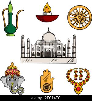Indische Reise, Religion und Kultur Ikonen mit Taj Mahal, umgeben von gott Ganesha und Goldschmuck, diwali Lampe und Kupfer Teekanne, glückliches Amulett von ha Stock Vektor