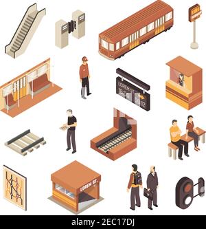 U-Bahn-S-Bahn-Elemente isometrische Sammlung mit U-Bahn-Station Eingang Eisenbahnkarte und Rolltreppe isolierte Vektor-Illustration Stock Vektor