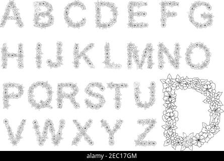 Retro romantische Schrift mit floralen Großbuchstaben Alphabet mit farblos blühenden Blumen und Blättern. Seitendekoration, Schriftart und Typ, Einladungskarte o Stock Vektor