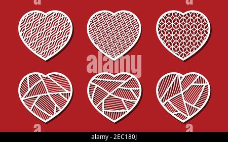Herzschnitt auf rotem Hintergrund zum Laserschneiden. Set von weißen Zierherzen. Geometriemuster in Herzform. Vektorgrafik Stock Vektor