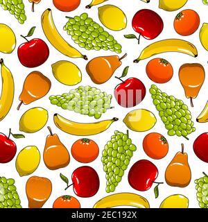 Frisches Obst nahtloses Muster mit süßen Orangen und Bananen, roten und grünen Trauben, saftigen Birnen und Zitronen Früchte auf weißem Hintergrund. Landwirtschaft, fa Stock Vektor