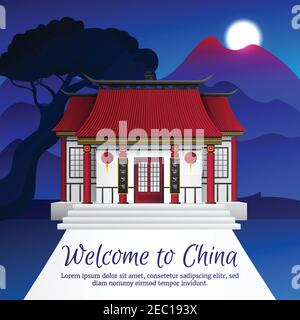 Schöne Nacht china Landschaft mit Bergen Mond und Haus in Flache Vektorgrafik im traditionellen Stil Stock Vektor