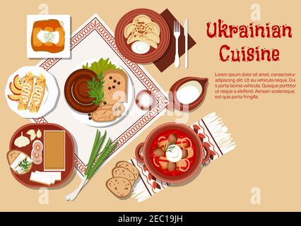 Nationale ukrainische Küche Gerichte mit Borscht serviert in Keramik-Topf und saure Sahne, gefüllte Kohlrollen und Gemüseknödel vareniki, gekrönt wi Stock Vektor