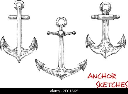 Vintage Marine Admiralty Anker Skizzen mit geschmiedeten Schielen und beweglichen Stöcken mit Kugeln. Verwendung in nautischen Tätowierung, Marine Wappentier oder Reisen Stock Vektor