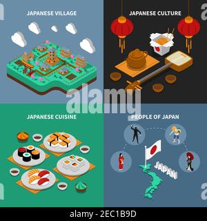 Bunte japan touristische isometrische 2x2 Icons Set mit japanischen nationalen Küche Kultur Menschen und Dorf isoliert Vektor Illustration Stock Vektor