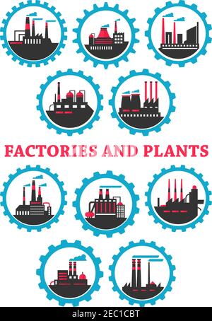 Industrieanlagen und Fabriken Ikonen mit flachen Silhouetten von Gebäuden, schwere Maschinen und Begasungsrohre, eingerahmt von blauen mechanischen Zahnrädern Stock Vektor