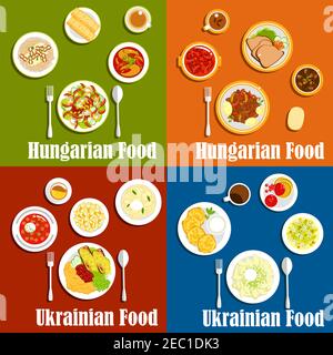 Beliebte Gerichte der ungarischen und ukrainischen Küche mit Borscht, Rind-und Bohnengoulasch Eintopf, Gemüseknödel und Kartoffelpfannkuchen, Gänseleber und f Stock Vektor