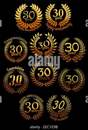 Jubiläums-goldene Kränze mit glänzenden Lorbeerbästen, in einem Kreisrahmen angeordnet mit Text 30 Jahre, Glückwünsche und Jubiläum. Begrüßung ca. Stock Vektor