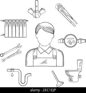 Sanitär-Dienstleistungen Skizze Symbol der männlichen Klempner in Uniform mit Schraubenschlüsseln, Wasserhahn, Rohr mit Leck auf Anschluss, Toilette, Heizkörper, einstellen Stock Vektor