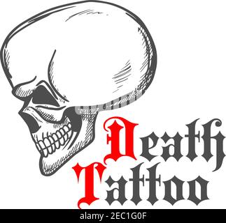 Vintage Skizze des menschlichen Schädels im Profil für Tattoo oder t-Shirt-Print-Design mit Bildunterschrift Death Tattoo Stock Vektor