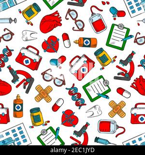Nahtlose medizinische Untersuchung und Gesundheitsfürsorge Hintergrund mit bunten skizzenhaften Muster von Medikamenten, Spritzen, Mikroskope, Blutbeutel, menschliche Herzen, Tee Stock Vektor