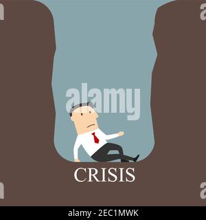 Konkurs, Finanzkrise, Scheitern oder dept Thema Design. Frustriert bankrott Cartoon Geschäftsmann, der in einem Loch oder Schuldengrube mit Bildunterschrift C gefangen Stock Vektor