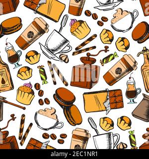 Kaffee, Süßigkeiten und Gebäck Hintergrund für Coffee-Shop oder Süßwaren Design Verwendung mit nahtlosen Muster von Espresso, Cappuccino und irish Cream coof Stock Vektor