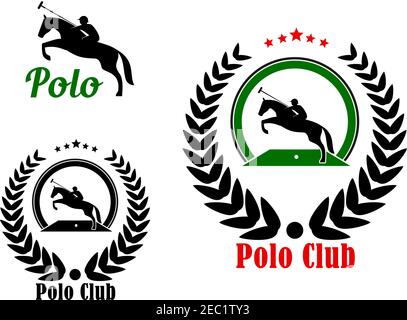 Polo-Spieler mit Aufzuchtpferd und lang gehandelten Schläger Symbole für Polo-Club oder Pferdesport-Design, eingerahmt von Lorbeerkranz mit Sternen auf der To Stock Vektor