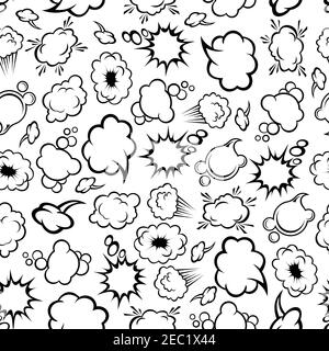 Schwarz-Weiß nahtlose Comic-Wolken Muster von Gedanken-und Sprechblasen, Explosion Staub Wolken und Explosion Power Trails. Innenraumausstattung, Stock Vektor