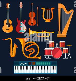 Musikinstrumente Ikonen mit flachen Symbolen von Drum Set, akustische und elektrische Gitarren, Violine, Synthesizer, Saxophon, Trompete, Harfe, alte Leier und Stock Vektor