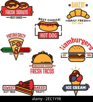 Fast Food und Bäckerei Design-Elemente mit bunten dünnen Linien Symbole von Cheeseburger, Pizza, Mais Taco, Hot Dog, Kuchen, Donut, Croissant und Eis, s Stock Vektor