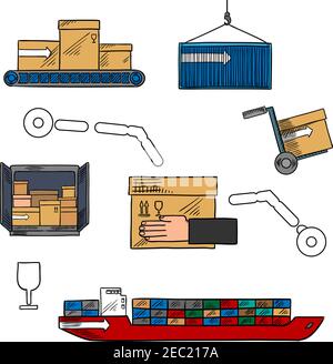 Versand und Kurierversand Symbol mit farbigen Skizzen von Containerschiff, Lieferwagen, Lagerförderer und Handwagen mit Kartons und Stock Vektor